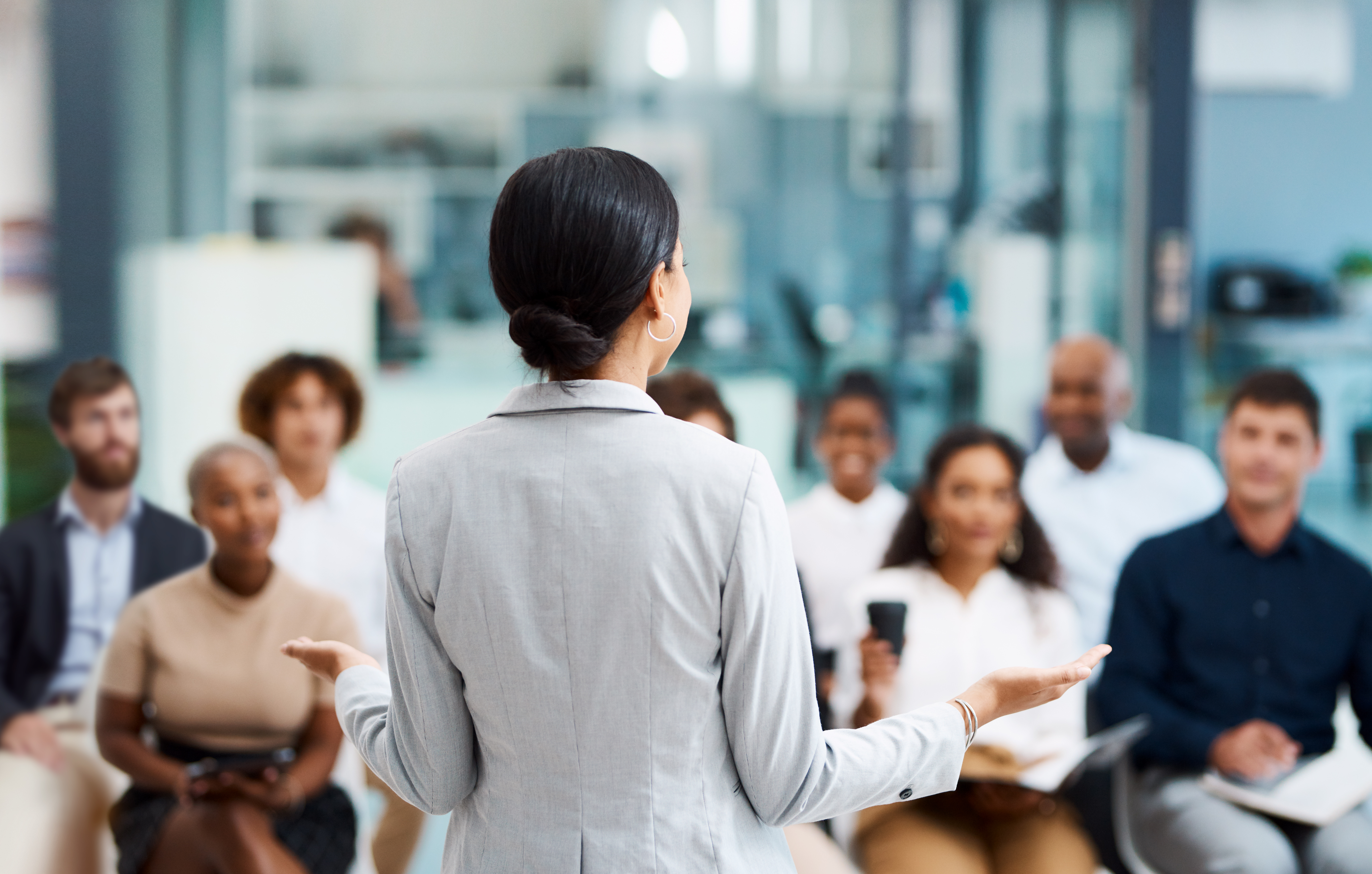 woman talking to people